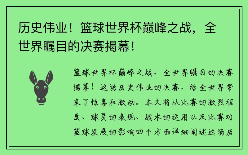 历史伟业！篮球世界杯巅峰之战，全世界瞩目的决赛揭幕！